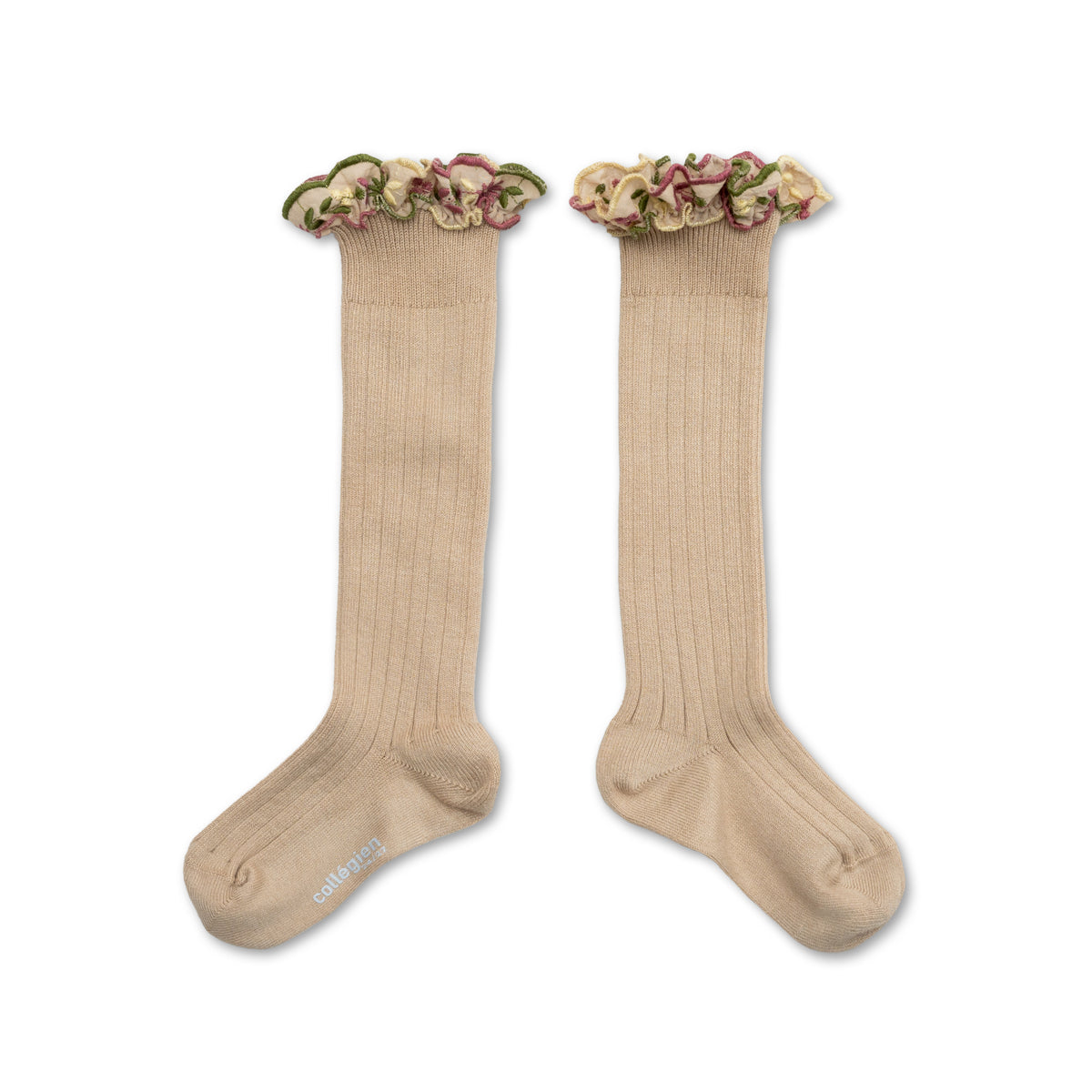 Eglantine - Embroidered Ruffle Ribbed Knee-high Socks - Sable