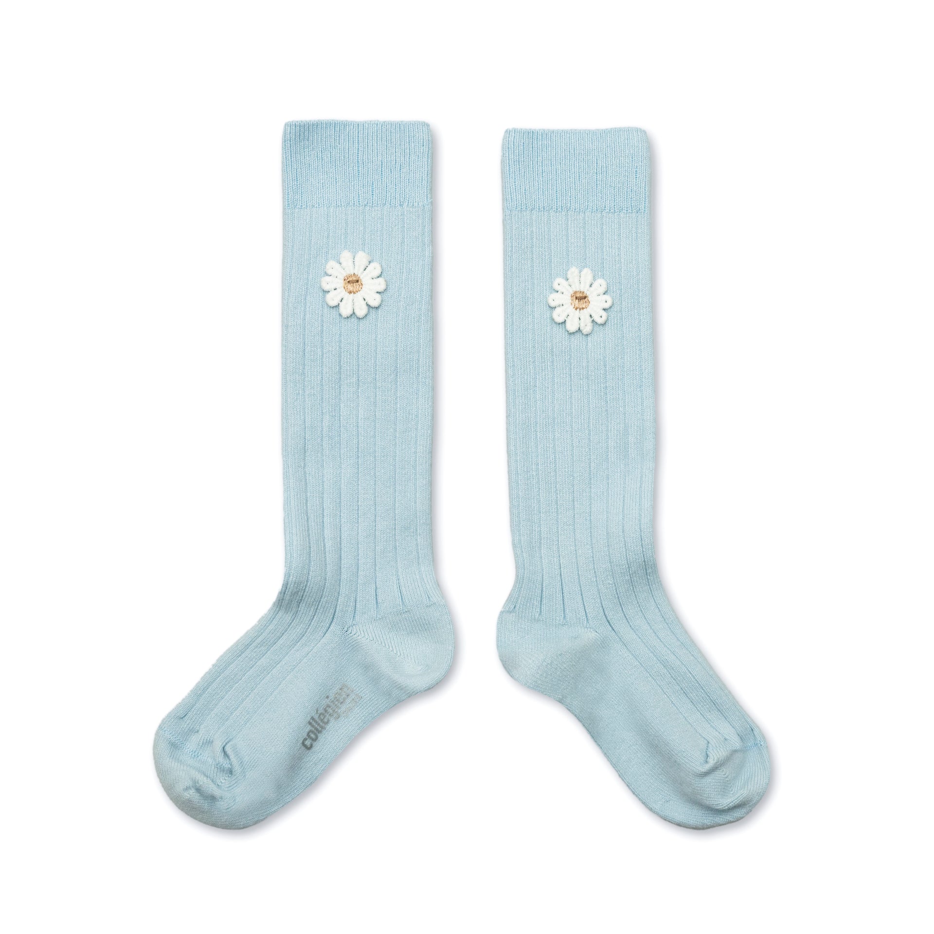 Valentine - Ribbed Knee-high Socks with Daisy - Glacier