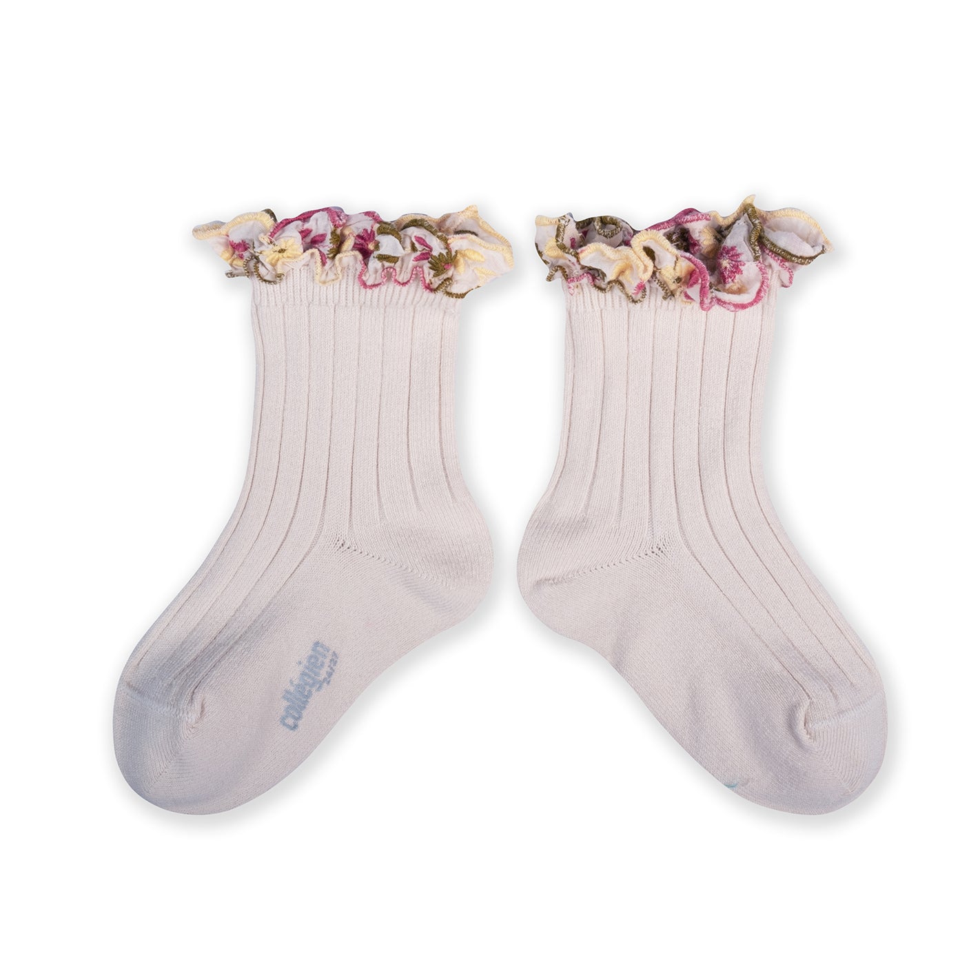 Anémone - Embroidered Ruffle Ribbed Ankle Socks - Blanc Neige