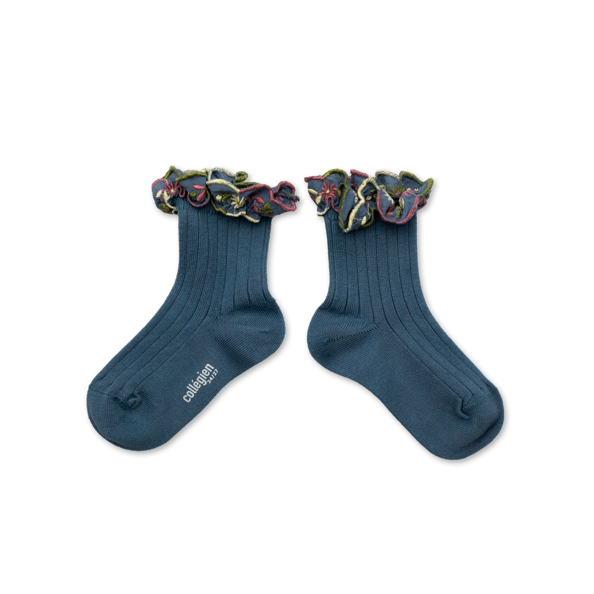 Anémone - Embroidered Ruffle Ribbed Ankle Socks - Bleu Cendré