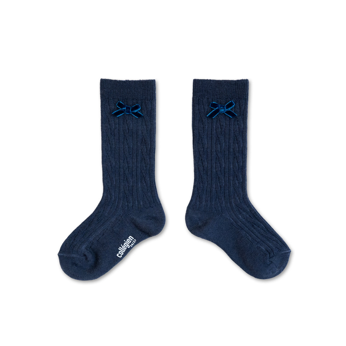 Marie-Alix - Cable-knit Wool Knee-high Socks with Velvet Bow - Nuit Etoilée