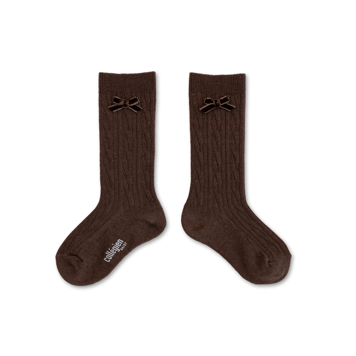 Marie-Alix - Cable-knit Wool Knee-high Socks with Velvet Bow - Chocolat au lait